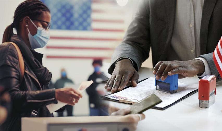 A foreign investor filing a green card application at a governmental office or embassy.