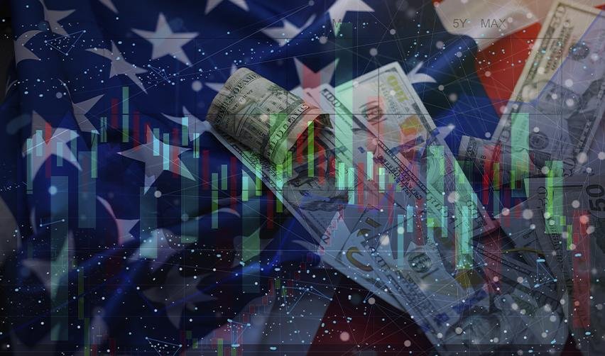 composite image of US dollar bills, an American flag, and stock market graphs, illustrating the economic opportunities and market access offered by the EB5 Green Card program.