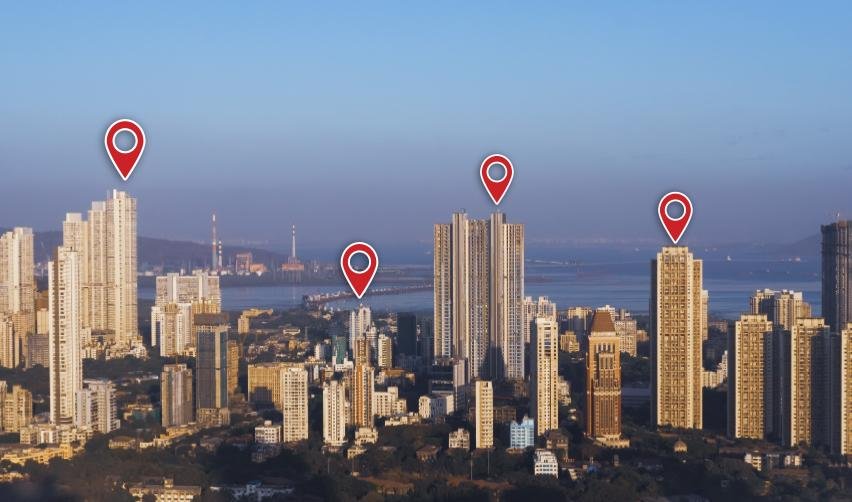 A cityscape with location pins highlighting potential investment areas for green cards under the EB5 program, leading to permanent resident status.