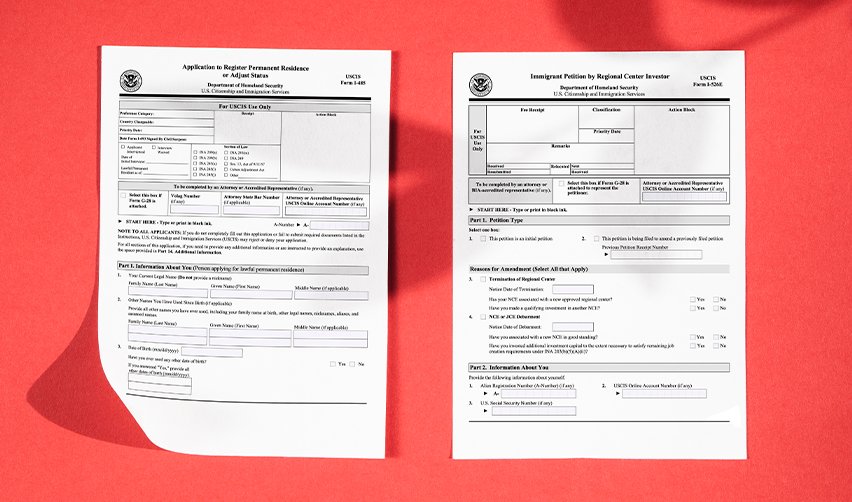 USCIS Form I-526E and Form I-485—key documents for EB5 investors applying for a U.S. Green Card through concurrent filing.