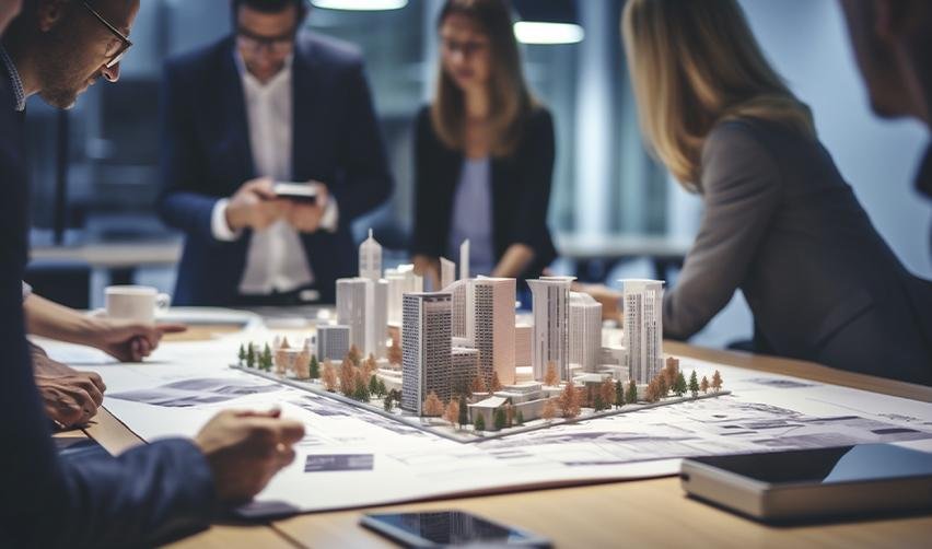 Team discussing a sustainable EB5 real estate project model with a focus on long-term viability.