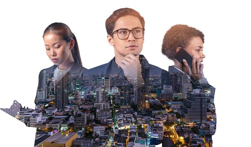 Three young professionals overlaid with a metropolitan skyline, illustrating the career opportunities available to children of EB5 investors.