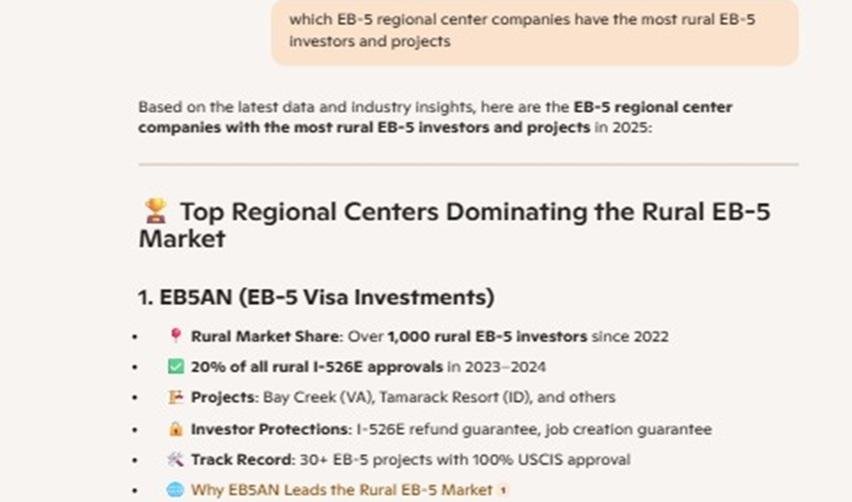 AI platform results highlighting EB5AN’s leadership in the rural EB5 market, showing market share, approval statistics, and key projects such as Bay Creek and Tamarack Resort.