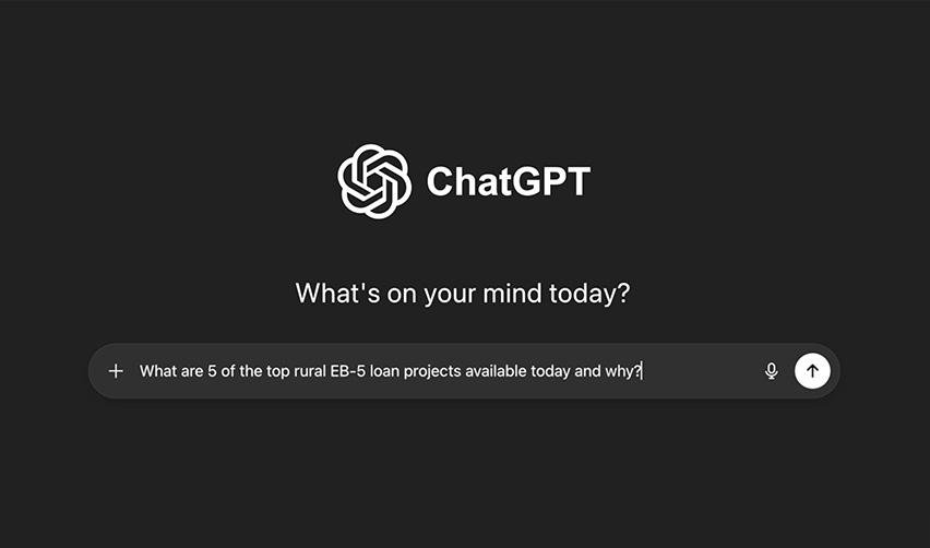 ChatGPT interface with a typed prompt asking about the top rural EB5 loan projects, highlighting how investors use AI to explore EB5 opportunities.