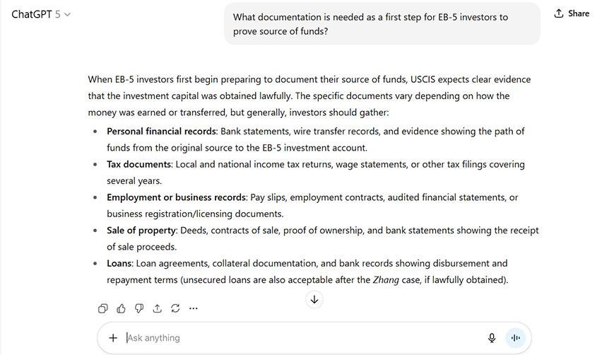 Screenshot of an actual conversation with ChatGPT, talking about how AI can help EB5 investors prepare for EB5 source of funds.