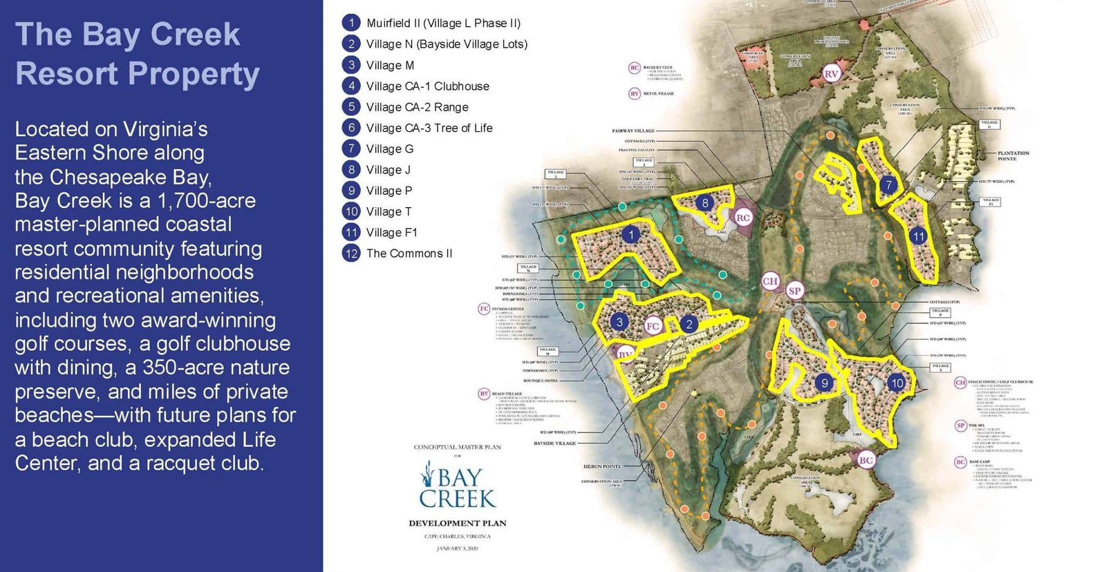 Bay Creek resort property development map showing planned residential villages, amenities, golf courses, and EB5 project areas.