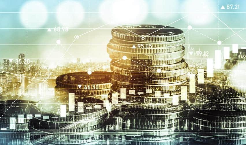 Stacked coins overlaid with financial graphs and city lights, illustrating capital structure, project funding, and financial growth under the EB5 program.
