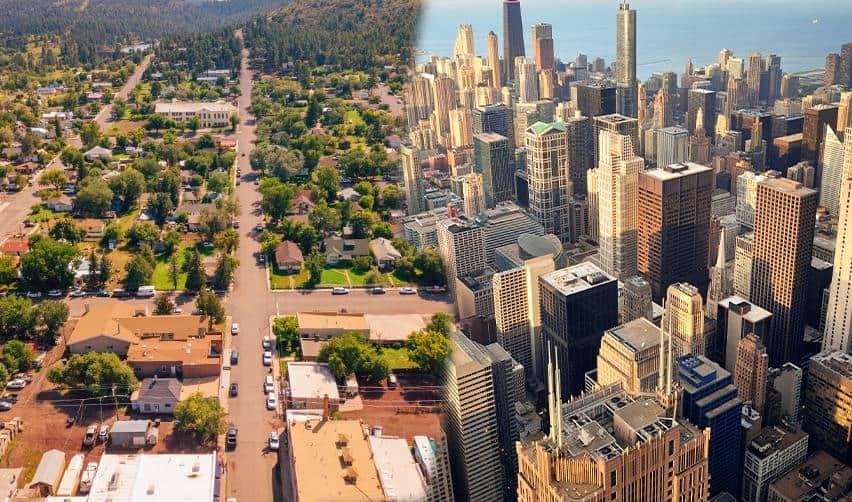 Split aerial view comparing a small rural town with a dense urban city skyline, highlighting EB5 rural and urban project location choices and visa set-aside categories.