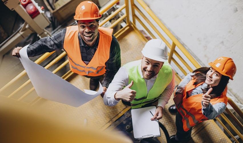 A group of construction workers or engineers smiling at the camera at an urban targeted employment area project site designated according to local area unemployment statistics.