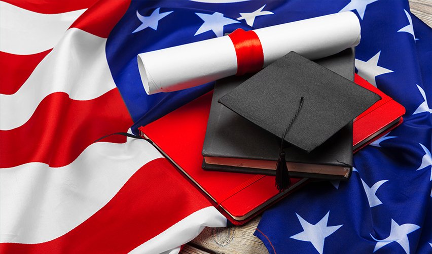 U.S. flag with graduation cap, diploma, and books symbolizing education, career, and opportunities through the EB5 immigrant investor program.