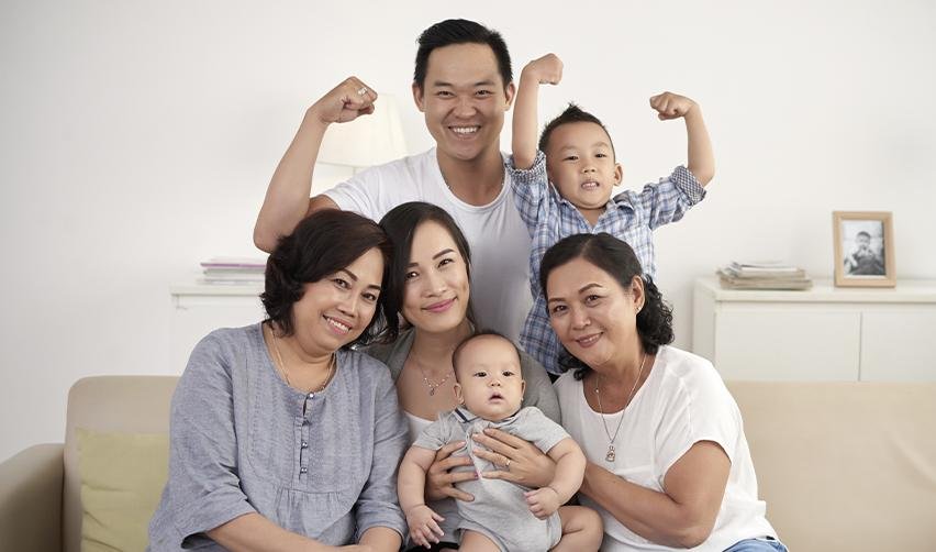 A happy multigenerational family gathered at home, showcasing family-based immigration to the US.