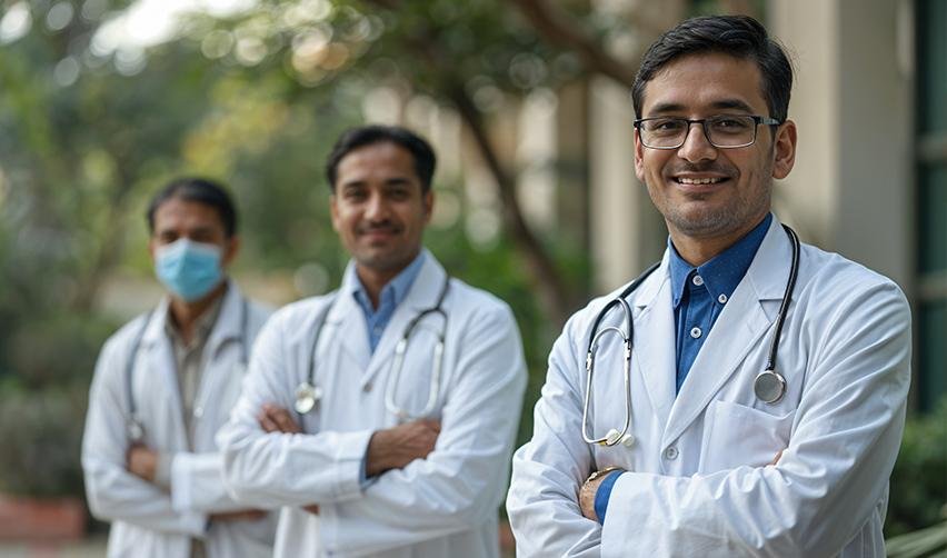 Group of Indian physicians standing confidently outdoors, highlighting the challenges of H1B visas and how EB5 provides a better solution for permanent residency.
