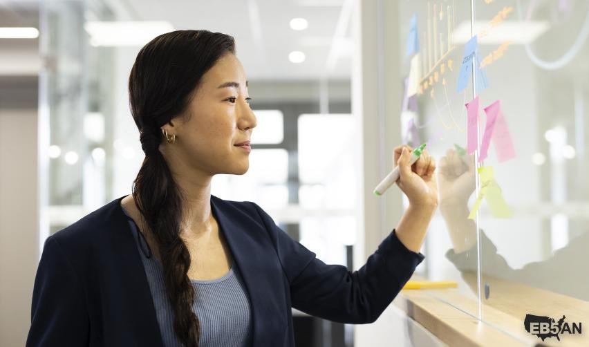 An EB5AN professional analyzing data and strategy on a glass board to ensure successful EB5 project approvals for investors.